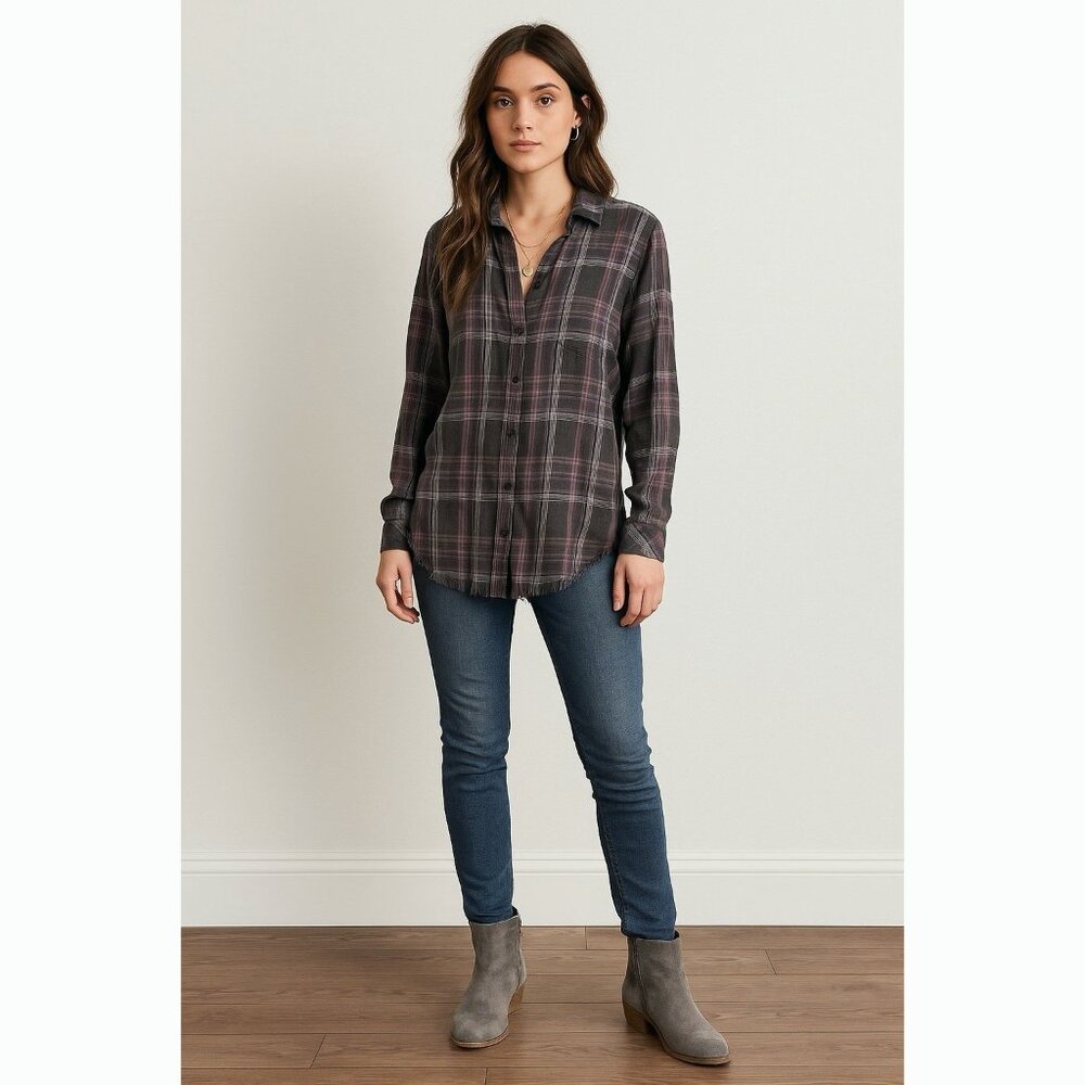 Anthropologie Cloth & Stone Gray Plaid Top Women Medium Button Up Raw Hem Grunge